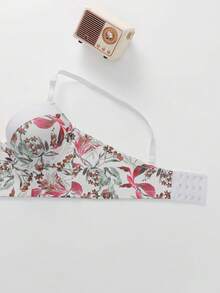 Women's Underwire Push-Up Bra, Pastoral Floral Print, Contrast Color Waistband, Comfortable Thick Padded Molded Cups - White - View 6