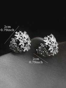 1 Pair Fashion Cubic Zirconia Flower Copper Hoop Earrings Suitable For Women's Daily Wear And Gatherings - Silver - View 4