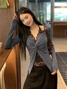 Women's Long Sleeve Lace T-Shirt 2 In 1 Top, Early Autumn - Grey - View 7