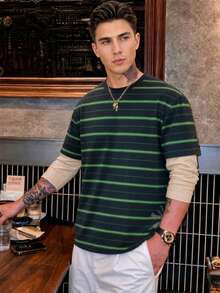 Simple Studio | Dark Green With Bright Green Horizontal Stripes 2 In 1 Off-White Patchwork Long Sleeve T-Shirt Men's Vintage Layered Loose Fit Base Top - Dark Green - View 3