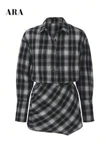 ARA Women Plaid Shirt Mini Dress, Collared Long Sleeve Button Down Waist Ruched Tunic Dress, Vintage American Checkered Shirt Dress For Autumn Winter - Black and White - View 11