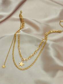 RAYQUEEN 1pc Fashion Minimalist Multi-Layer Vintage Stacked Metal Stainless Steel Five-Point Star Pendant Collarbone Necklace, Suitable For Daily Wear - Gold - View 3
