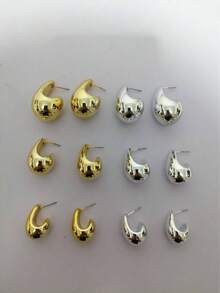 CCB材质极简水滴耳环套装，欧美风格金银光滑圆环耳环，百搭高端耳环，适合通勤和日常佩戴，防水、抗氧化、不褪色，女士珠宝 - 彩色 - 查看 4