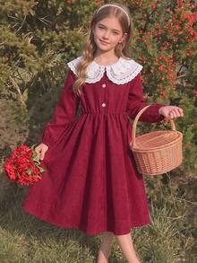 Tween Girls Christmas & Halloween Elegant Burgundy Corduroy Half-Button Cinched Waist Long Sleeve Dress With Contrast White Embroidered Lace Peter Pan Collar, Autumn/Winter Holiday Party Single Piece - Red - View 6