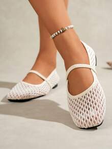 Women's Summer Hollow Mesh Square Toe Mary Jane Flat Shoes, Breathable Ballet Shoes With Thin Straps, Fashionable Versatile Daily Commute Walking Dating Office Shopping Vacation Beach Apartment Shoes, Mother's Day Gift - Beige - View 4
