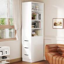 =N880P3183334W 180cmhohes, Extra Narrow Bookcase With Side Drawers - Adjustable Shelves, Interchangeable Left And Right, Suitable For Small Spaces - Bookcase, Living Room - Tall Cabinet - White - View 2