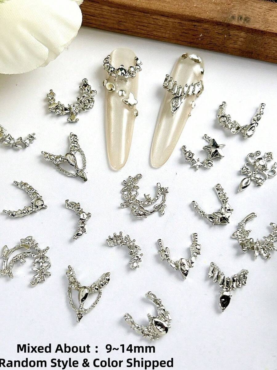 20pcs Mixed Shiny Silver Alloy French Style Rhinestone Nail Art Decorations, DIY Nail Accessories Nails - Silver - View 1