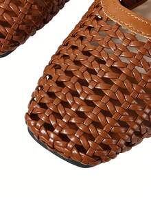 planare Sandal Wanita Model Baru Populer Musim Panas, Desain Minimalis Tenun Jaring Bernapas, Tali Belakang Model Slingback, Ujung Persegi, Tali Belakang, Warna Cokelat, Cocok untuk Perjalanan Sehari-hari - Coklat - View 9