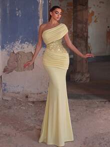 Elegant Women's Long Mermaid Skirt, Asymmetric Neckline, Cold Shoulder Design, Draped Sequin Details Yellow Wedding Party Fall - Yellow - View 4