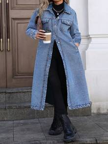 Mobula Sound# Plus Size Women's Spring/Summer Versatile Fashion Denim Jacket With Front Buttons, Long Length, Suitable For Daily, Holiday, Airport Wear - Blue - View 2