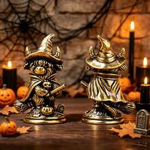 Brass Vintage Distressed Small Figurine Magic Highland Cow Riding A Broom Statue Ornament Halloween Decor Home Decoration Copper Sculpture Collector Gift - 1PC - View 3