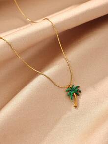 1pc Or 1set Stainless Steel Palm Tree Necklace & Ring, Unisex, 18K Gold Plated Coconut Tree Ring & Necklace, Plant Pendant Jewelry - Style 3 - View 6