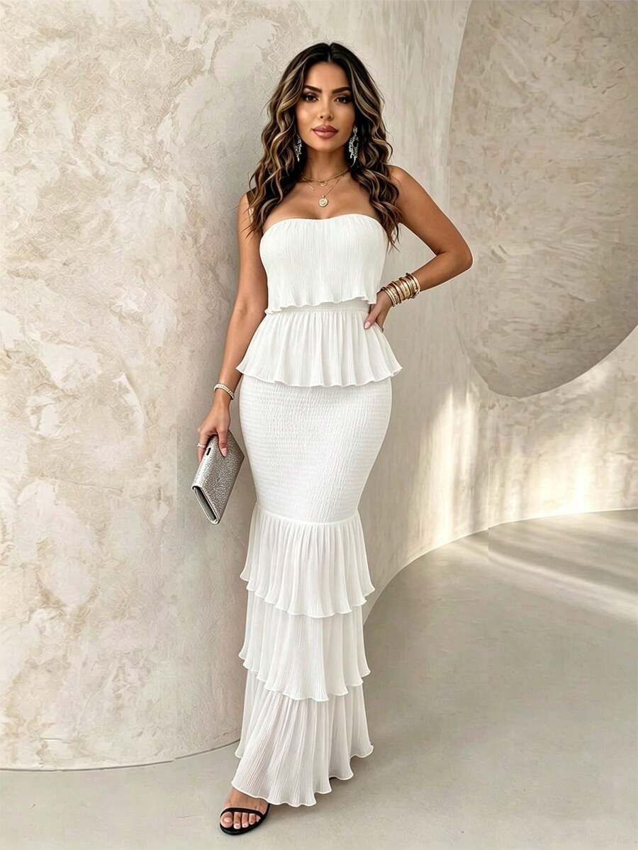 ChicMe Gaun Wanita Tanpa Tali dengan Ruffle Berlapis, Rok Kue Berlapis, Gaun Bodycon Tanpa Tali dengan Hem Berkerut, Pakaian Pesta Koktail Elegan dan Seksi