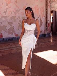 ADYCE Elegant Spaghetti Strap Waist-Cinched Backless Fitted Slit Midi Party Dress, Prom Gown, Back To School, Back To School Date Dress White Wedding Fall - White - View 7