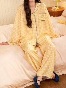 Gongdie 2 Pieces Disney Winnie The Pooh Women Pajama Set,Spring Fall Gingham Soft Cotton Loungewear With Zigzag Trim And Pocket - Yellow - View 5