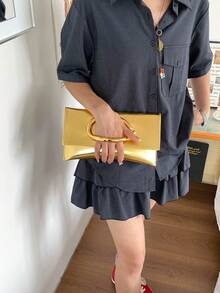 Dedoo 黑色亮面人造皮革長方形手拿包，大號橢圓金屬扣極簡奢華女款包，適合婚禮、派對、約會、宴會、日常 - 金色 - 查看 6