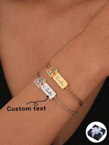 1pc Customized Minimalist Fashionable Colorful Drip Oil Name Engraved Bracelet, Gold/Silver 18K Gold Plated Stainless Steel Material, Adjustable Chain With Personalized Engraving - Birthday/Anniversary Gift For Him, Unique Ideal Gift For Him, Ideal Gift For Her, Boyfriend, Girlfriend, Dad, Mom, Family, Friends, Grandparents Anniversary, Birthday, Daily Wear, Wedding, Graduation, Prom, Party - Multicolor - View 1