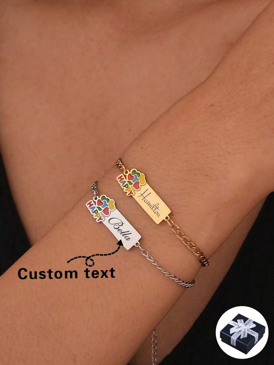 1pc Customized Minimalist Fashionable Colorful Drip Oil Name Engraved Bracelet, Gold/Silver 18K Gold Plated Stainless Steel Material, Adjustable Chain With Personalized Engraving - Birthday/Anniversary Gift For Him, Unique Ideal Gift For Him, Ideal Gift For Her, Boyfriend, Girlfriend, Dad, Mom, Family, Friends, Grandparents Anniversary, Birthday, Daily Wear, Wedding, Graduation, Prom, Party - Multicolor - View 1