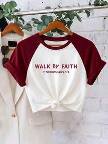 Kaos Wanita Musim Panas Desain Minimalis Warna-warni Lengan Raglan Kerah Bulat Lengan Pendek dengan Cetakan Huruf, Modis, Serbaguna, Kasual untuk Pakaian Sehari-hari - Red and White - View 1