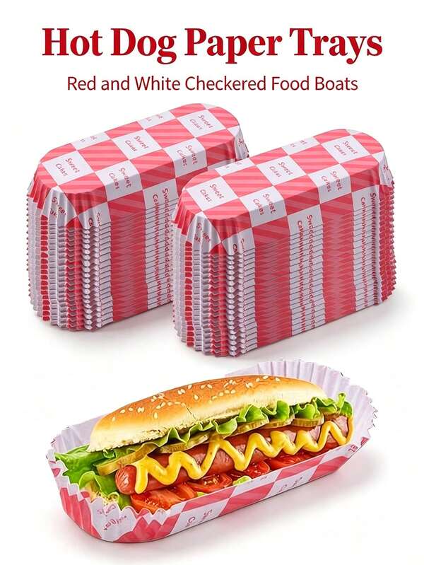 100/50pcs Multi-Functional Plaid Hot Dog Trays, Sausage Hot Dog Containers, Food Trays, Paper Cups, Mini Baking Paper, BBQ Paper, Disposable Dip Sauce Boxes, Red Plaid Cake Boxes, Roast Meat Fries Paper Boxes, Suitable For Birthday Party, Christmas, Halloween, Stackable Trays