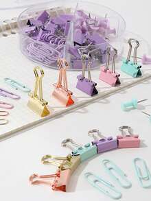 65Pcs/Set In Macaron Color, Creative Anti Rust Paper Clip Combination, Multifunctional Swallowtail Clip, Paper Clip, Thumb Nail, Four Grid Stationery Set Suitable For Office, Study, And Accounting, Back To School Season - Gold - View 2