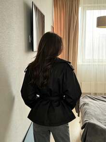 Black Waist-Cinching Short Trench Coat, New Vintage Sexy Style Slim Fit High-End Jacket - Black - View 5