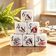 6pcs Floral & Bird Pattern D6 Dice, 2 Styles: Optional Vibrant Watercolor Birds Or Blue & White Sparrow Print, White Acrylic Six-Sided Dice, Tabletop RPG Dice, Suitable For Game Night And Dice Collectors - Multicolor - View 9