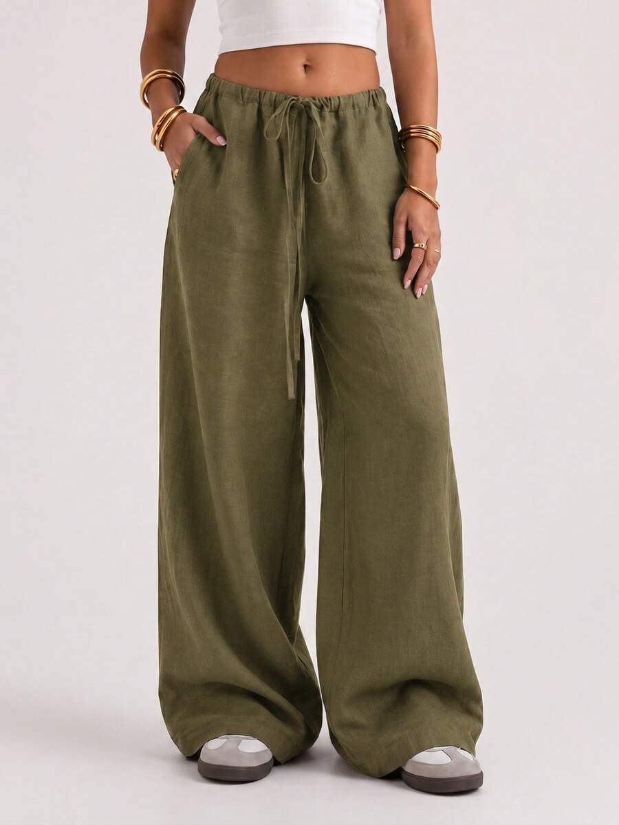 Women's Casual Comfortable Versatile Linen Relaxed Flowy Wide Leg Pants - Army Green - View 1