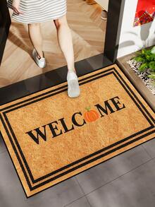 1pc, Autumn Minimalist Pumpkin Welcome Black Frame Pattern Doormat, Seasonal Style Machine Washable Polyester Fiber Mat, Suitable For Indoor, Outdoor, Daily Decoration, All Season Use - Yellow - View 2