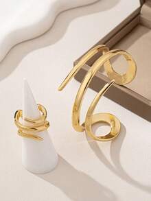 1 Set (1 pieza Brazalete de línea geométrica dorada y 1 pieza Anillo grueso de línea geométrica) - Dorado - Ver 2