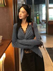 Women's Long Sleeve Lace T-Shirt 2 In 1 Top, Early Autumn - Grey - View 9