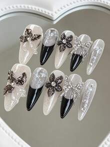 10 Peças Adesivos de Arte de Unhas Acrílicas Stiletto Longas Feitos à Mão, com Flor 3D & Borboleta de Metal 3D, Adequado para Estilo Y2K, Unhas Pretas, Estilo Gótico Punk, Manicure Francesa, Design de Arte de Linha, Unhas Postiças & Suprimentos de Unhas para Mulheres & Meninas - Multicolorido - Visão 3