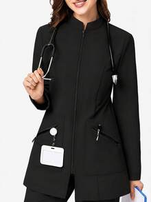 休閒通勤長袖拉鍊領口袋刷手服護理師工作夾克實驗室外套，適用牙醫、醫療保健、寵物醫院、實驗室，黑色，秋季 - 黑色 - 查看 3
