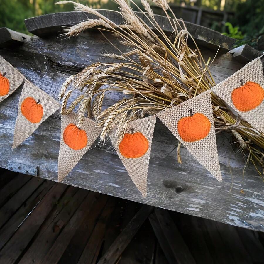 1 Set Autumn Harvest Felt Banner Decor Storage Bag, Multi-Color Layered Felt Bunting Garland, Natural Jute Rope Design, Rustic Kitchen Wall & Indoor Farmhouse Autumn Decorative Accessories - Pumpkin - View 1