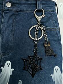 1pc Gothic Punk Style Black Cat, Spider Bead Pendant Keychain, Phone Case Pendant, Bag Pendant, Jeans Chain,Creative Gifts For Men And Women,Halloween - Silver - View 2