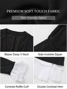 ROSIE POPHUB Women's Black Fdoc Contrast Ruffle Layered Mini Dress V‑Neck Long Flare Sleeve Slim Fit Party Cocktail Dress For Fall & Winter - Black - View 10