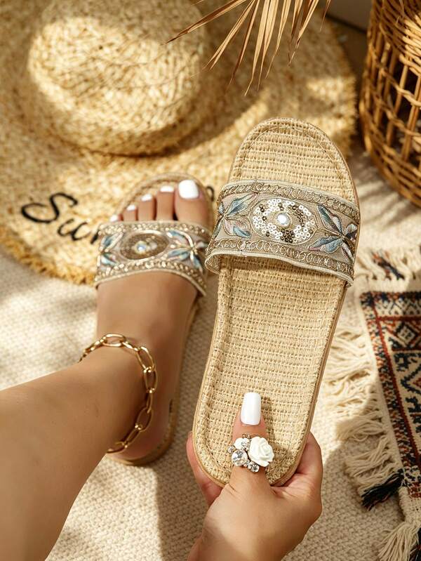 JASON STONE Women's Bohemian Woven Flat Sandals, Pearl Decorated Slip-On Slides, Casual Straw Beach Shoes, Comfortable Open Toe Summer Vacation Shoes, Suitable For Outdoor And Indoor Use