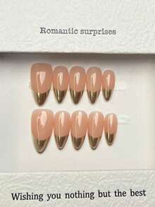 10pcs Handmade Nails Almond Nails Acrylic Press On Nails Short Medium Pink Nails, Gold Aurora Powder French Tip Nails, Summer Nails, DIY False Nail Art Party Daily Dating Beach Vacation Outfits Women Girls Gift Nail Supplies - Multicolor - View 2