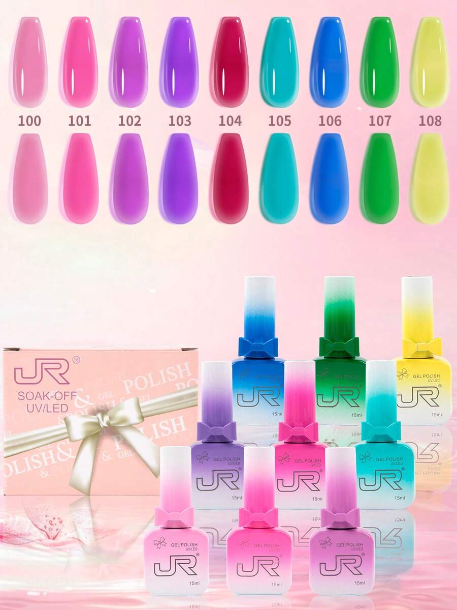 JR 9件組 15ml 釉面彩色 UV 凝膠指甲油套組 LED 浸泡式卸除 家用 DIY 3D 凝膠美甲 女孩禮物 - 彩色 - 查看 1
