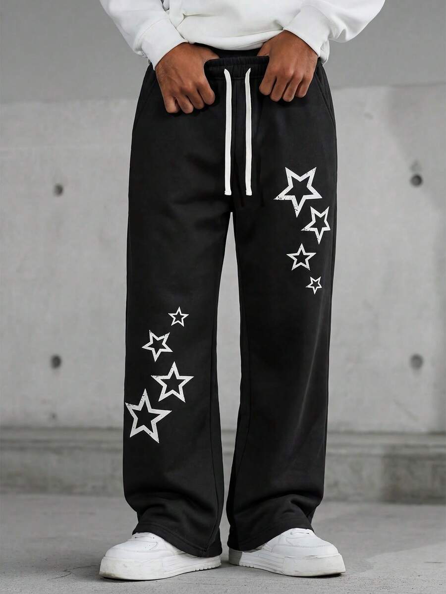 MAISONFOX Men's Wide Leg Printed Drawstring Waist Street Pants, Fall Wide Leg,Suitable For All Seasons,Best Gift Choice For Husband/Boyfriend In Autumn/Winter - Black - View 1