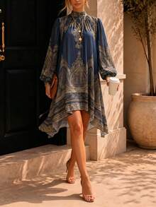 Vintage Paisley Print High Neck Long Sleeve Asymmetric Mini Dress, Autumn Style - Blue - View 2