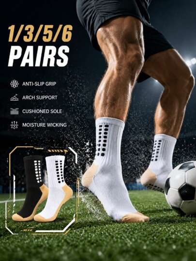 1/3/5/6 Pairs Men's Dot Glue Football Socks, Black And White Mid-Calf Socks, Men's Long Socks, Black Socks White 2 Socks, Suitable For Spring Summer Autumn Winter, Back To School Campus Outfit, Men's Casual Mid-Calf Socks, Sports Training Sweat-Absorbing Socks