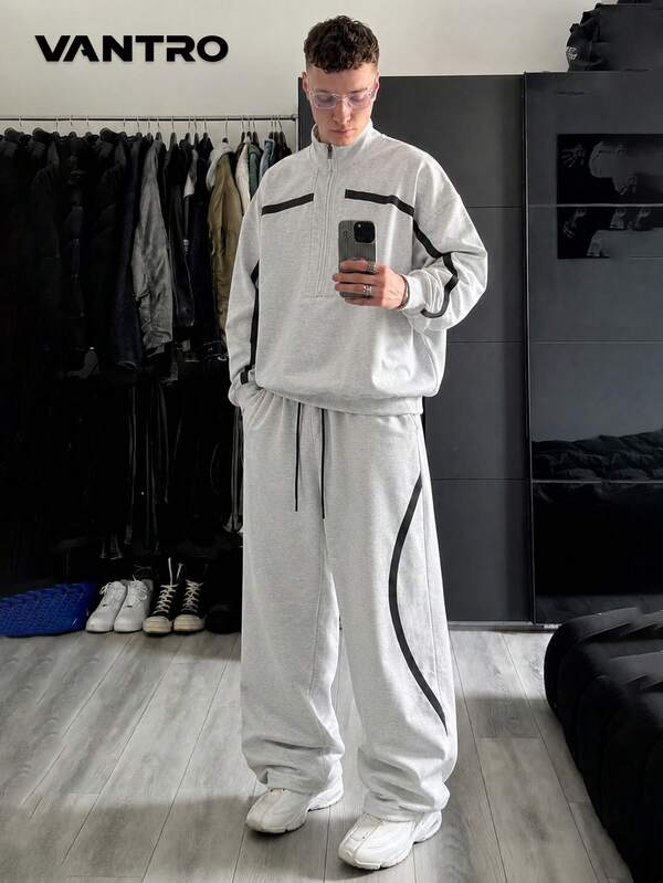 Black Curved Line Patchwork Men's 2-Piece Set, Half-Zip Stand Collar Sweatshirt With Drawstring Draped Wide Leg Pants, American Street Style Casual Outfit