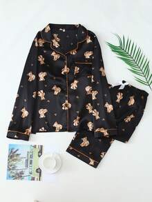 Women's Heart Bear Print Satin Long Sleeve Pants Pajama Set - Black - View 1