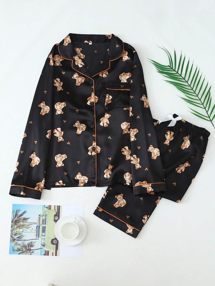 Women's Heart Bear Print Satin Long Sleeve Pants Pajama Set - Black - View 1