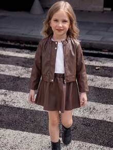 Girls' Autumn/Winter PU Jacket Set, Fashion Solid Color PU Leather Button & Zipper Jacket With PU Leather Skirt, 2 Pieces Casual Streetwear Outfit - Brown - View 3