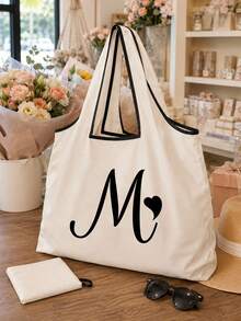 Sac cabas blanc à la mode avec initiale artistique A-Z noire, design avec bordure noire, matériau en taffetas enduit de polyester, sac de courses pliable et portable, sac cabas grande capacité pour femmes avec design facile à plier, convient pour un usage quotidien, les voyages, les vacances, l'école, la rentrée scolaire, le travail et les courses, chariot multifonctionnel, poignée robuste, cadeau pour la fête des enseignants, saison de la rentrée scolaire, fête de l'indépendance, voyage de vacances - Multicolore - Voir 7
