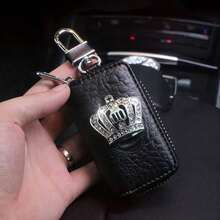 1pc Luxury Crown Faux Leather Keychain Box, Secure Zipper Car Key Holder, Durable Compact Design Suitable For Men And Women - Premium Car Accessory - A - View 4