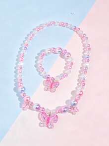 2pcs/Set Sweet Bow Pendant Children's Jewelry Necklace Bracelet Cute Jewelry Accessories Girls Birthday Party Gift - Multicolor - View 4