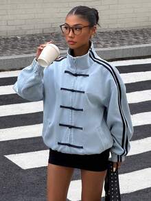 New Style Chinese Frog Button Suede Velvet Jacket Loose Fit - Blue - View 1